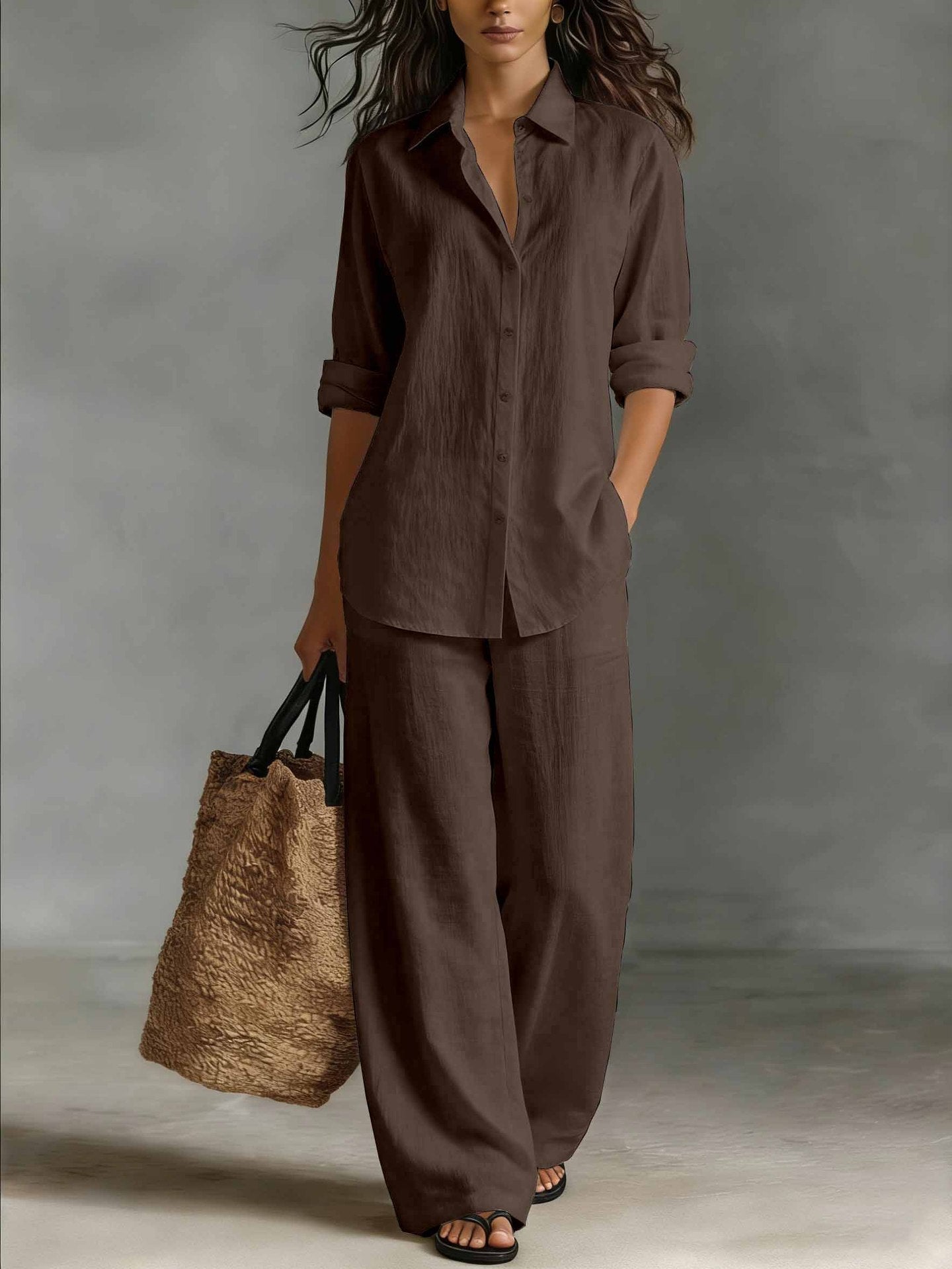 Women's bohemian cotton-linen top and pants set by FitiqueFit, featuring a relaxed, casual lounge co-ord in natural fabric.