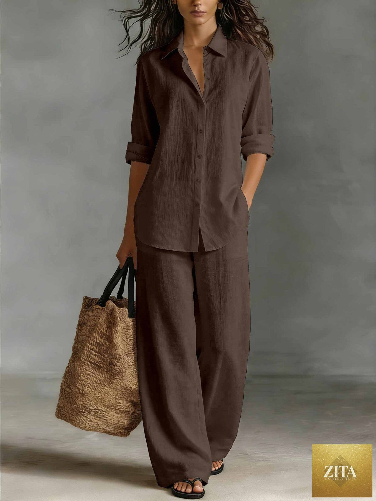 Zita La Belle Elite women's bohemian cotton-linen top and pants set, casualwear resort lounge co-ord in relaxed fit with natural fabric.