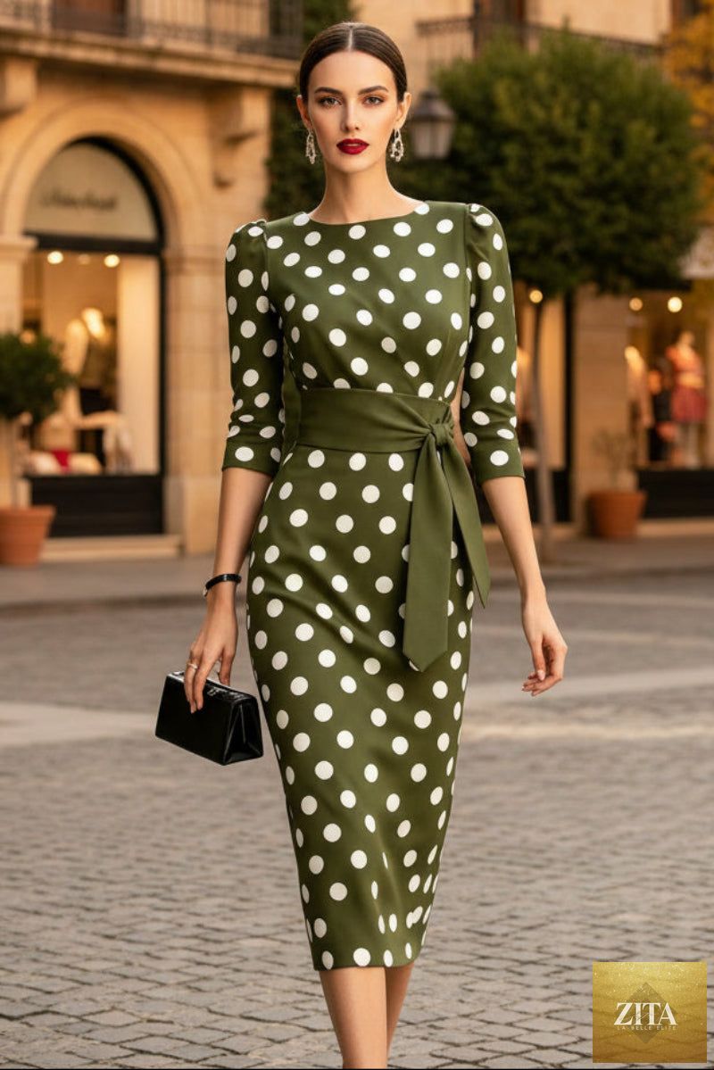 Women's retro polka-dot bodycon midi dress by FitiqueFit with belt and cross-tie, perfect for casualwear.