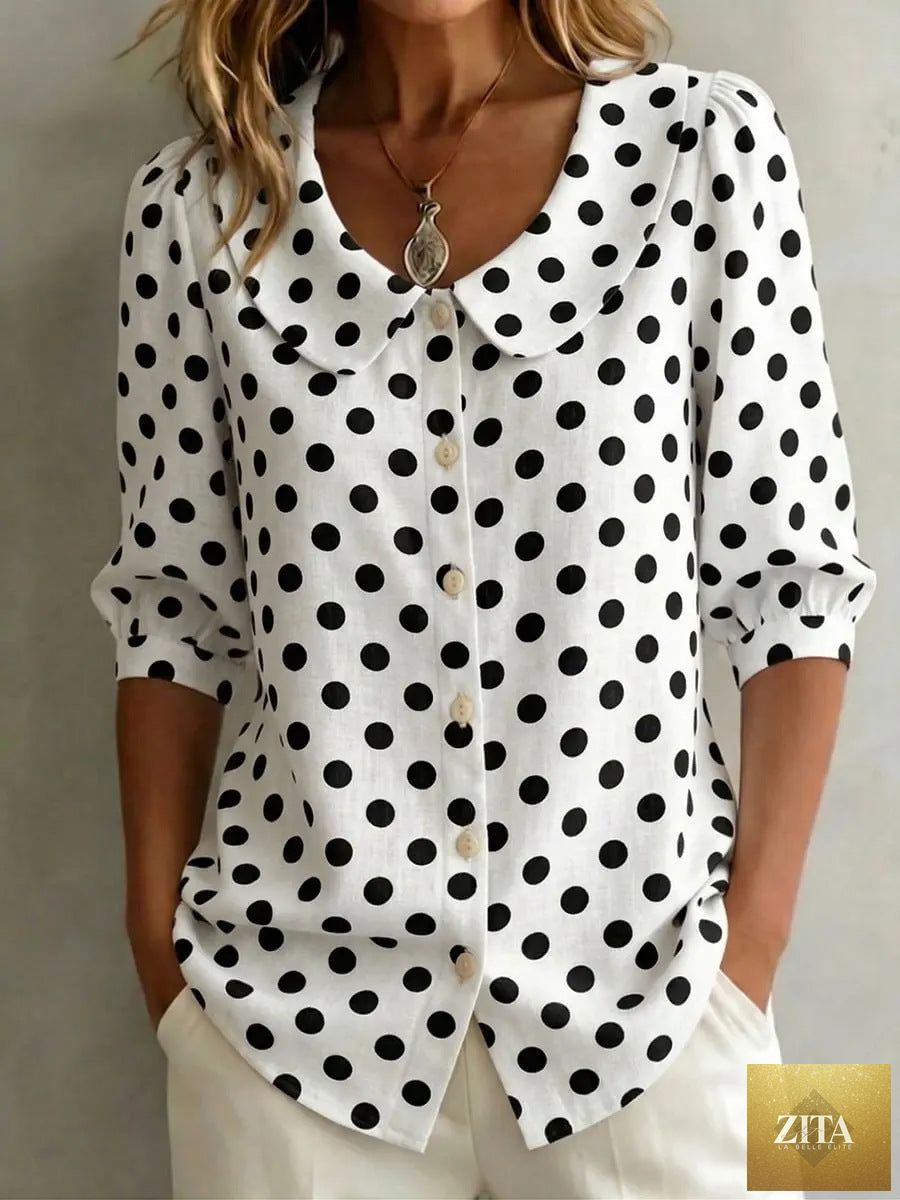 Women's retro polka dot three-quarter sleeve loose cardigan shirt by Zita La Belle Elite, casualwear with vintage-inspired style.