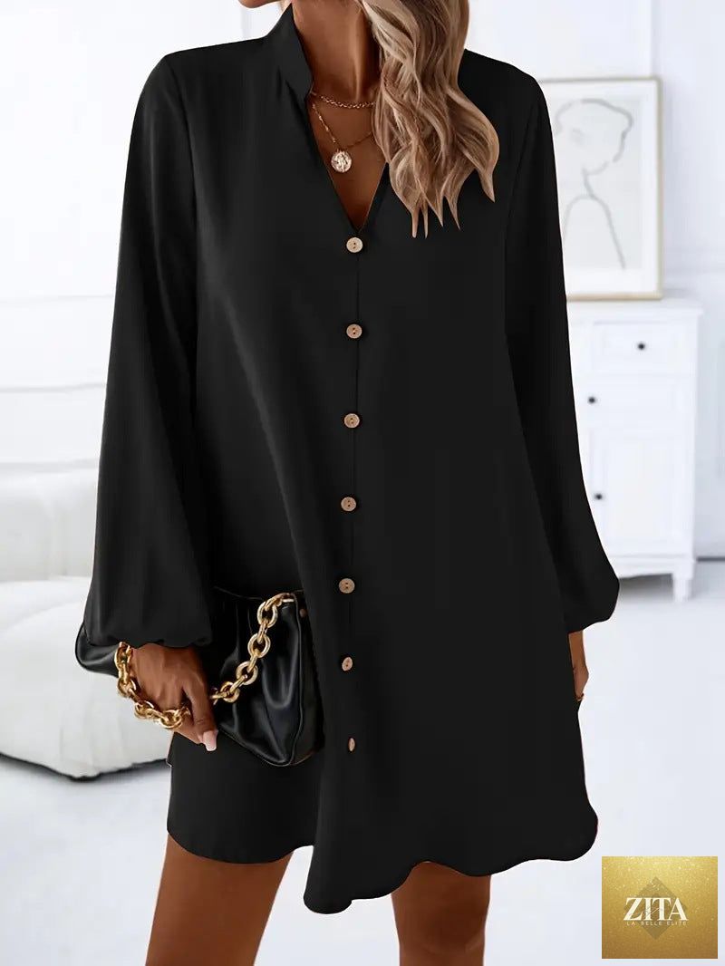 Women's V-neck long sleeve A-line dress by Zita La Belle Elite, featuring a single-breasted design and elegant fit.