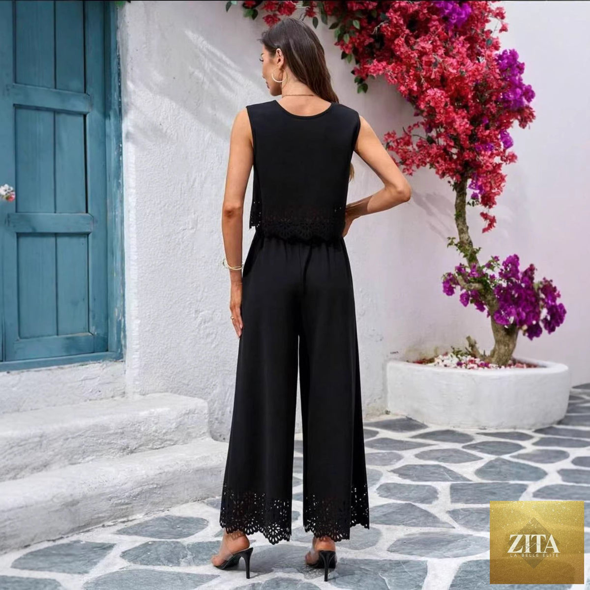 Zita La Belle Elite women's resort-style hollow-out tank top and pants set with pockets, casualwear, stylish and comfortable.