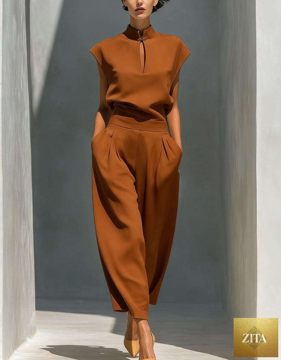 Women's satin Chinese-style short-sleeve top and pants set by Zita La Belle Elite, casualwear with elegant design and smooth fabric.