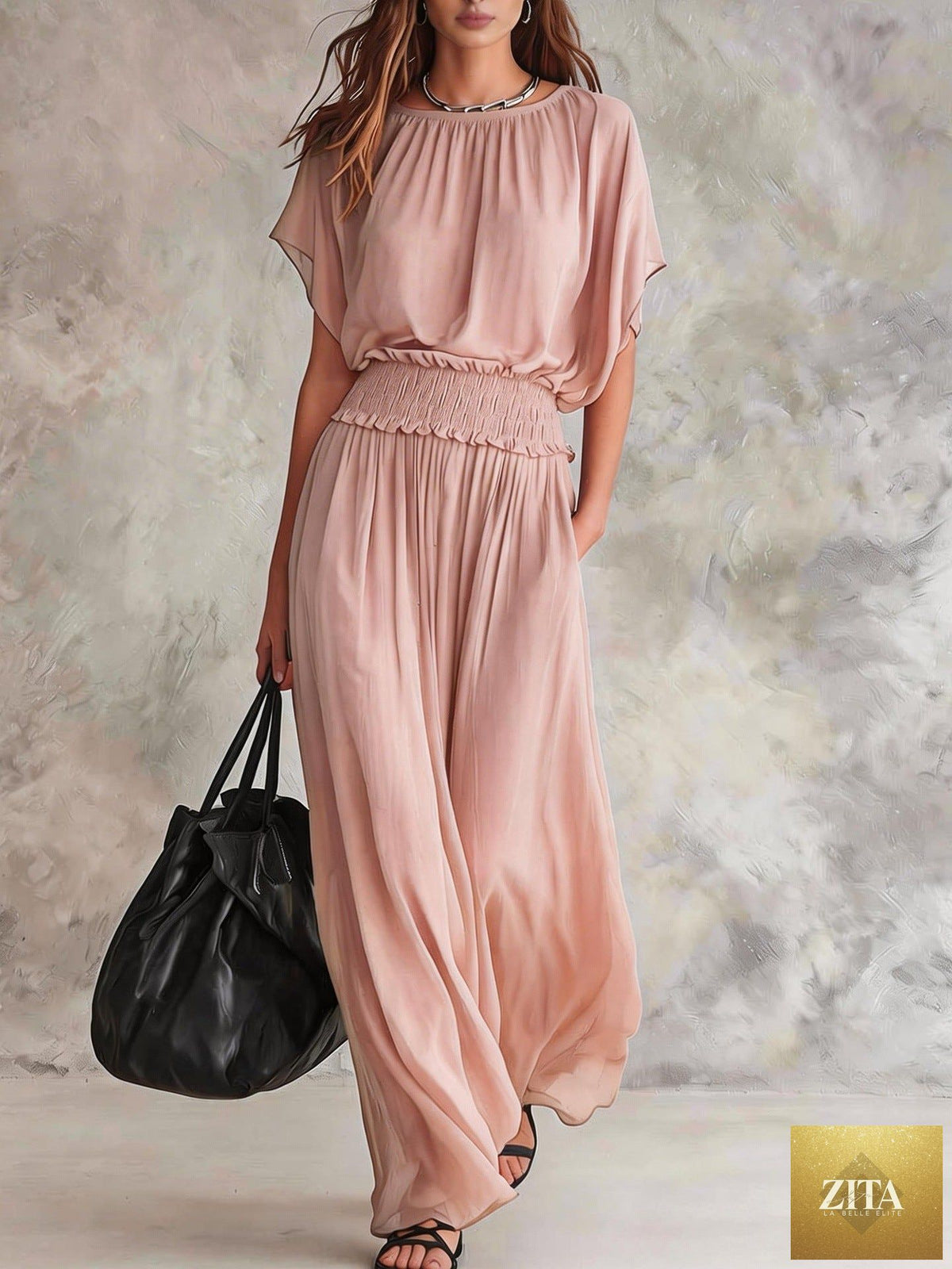 Women's chiffon high-waist ruched maxi dress by FitiqueFit, flowing fabric with elegant draping and detailed ruching.