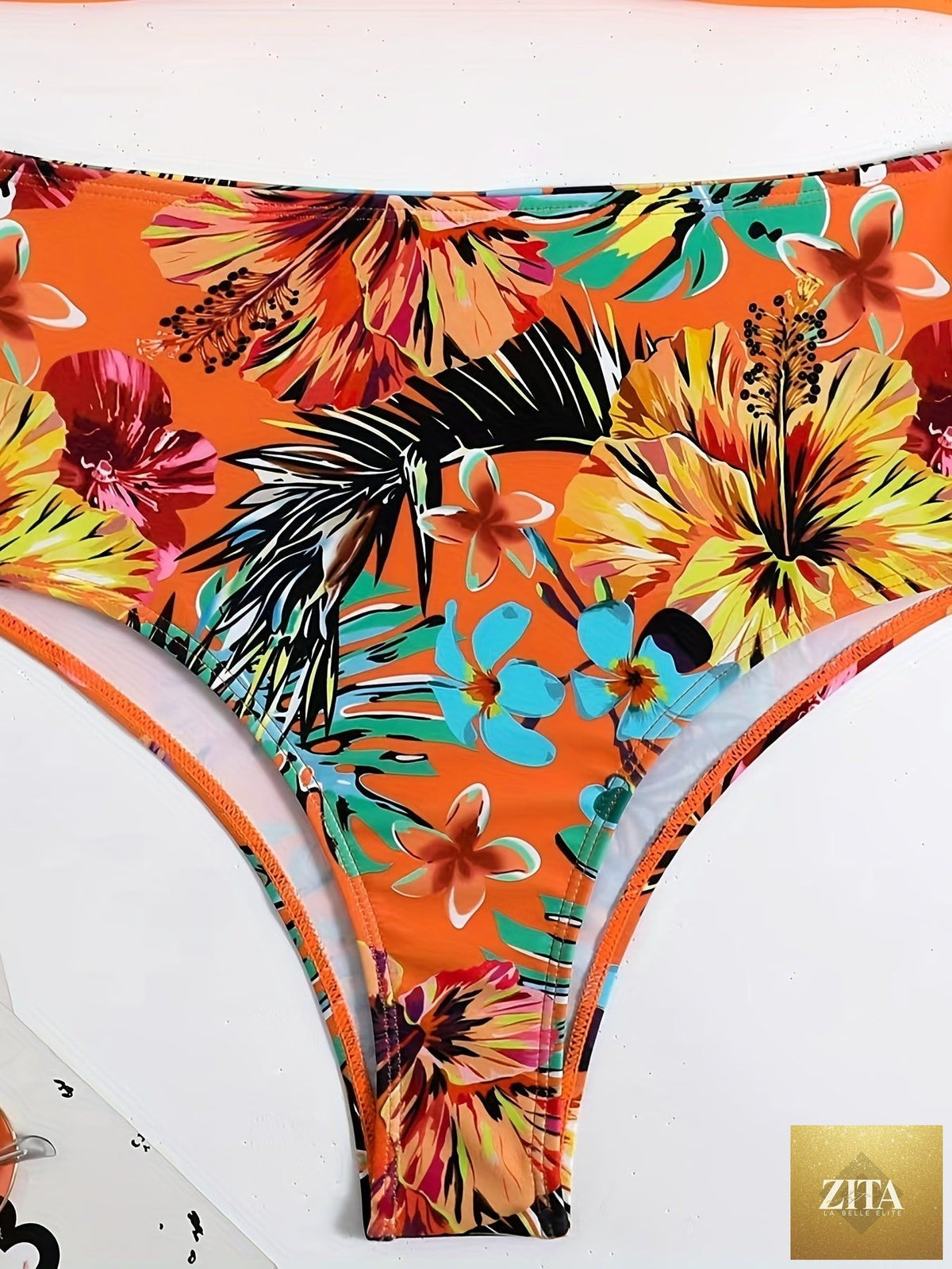 Stevvex tangerine red tropical floral high waist bikini set with off-shoulder style, lace-up top, tummy control, perfect for summer beachwear.