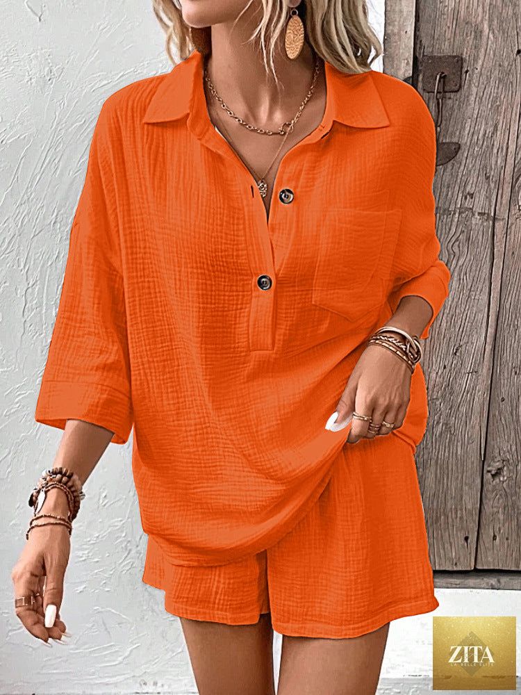Zita La Belle Elite women's casual two-piece set with lapel collar shirt and matching shorts, stylish and comfortable for everyday wear.