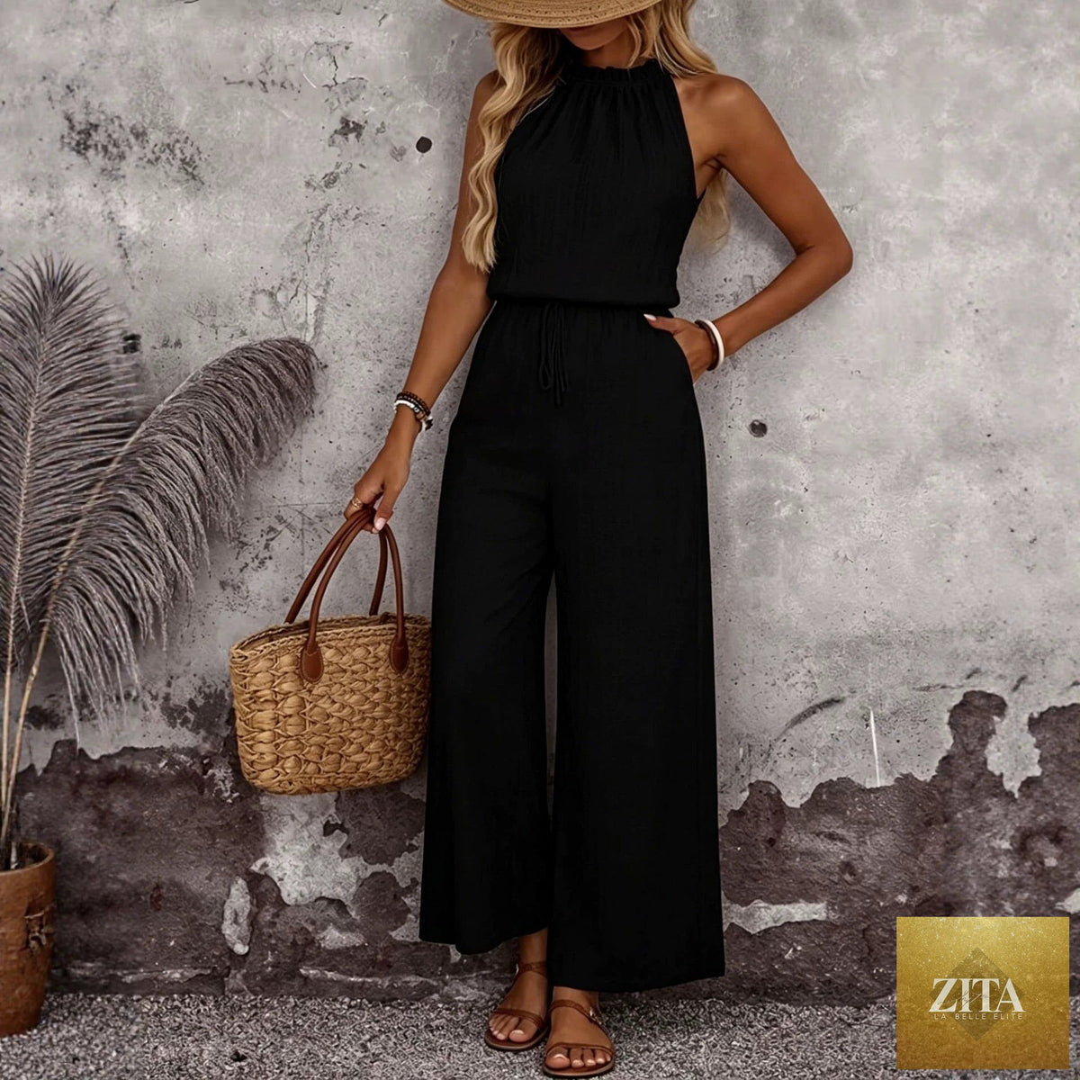 Zita La Belle Elite women's sleeveless vest and casual pants two-piece set with draped neckline, stylish casualwear ensemble.