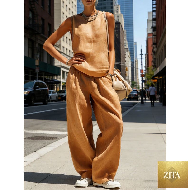 Zita La Belle Elite women's sleeveless cardigan top and matching pants two-piece casualwear set, light and comfortable.