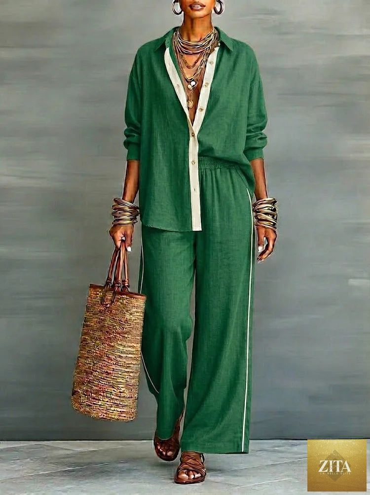 Contrast-color long-sleeve shirt and pants set by Zita La Belle Elite, casualwear two-piece outfit for comfortable style.