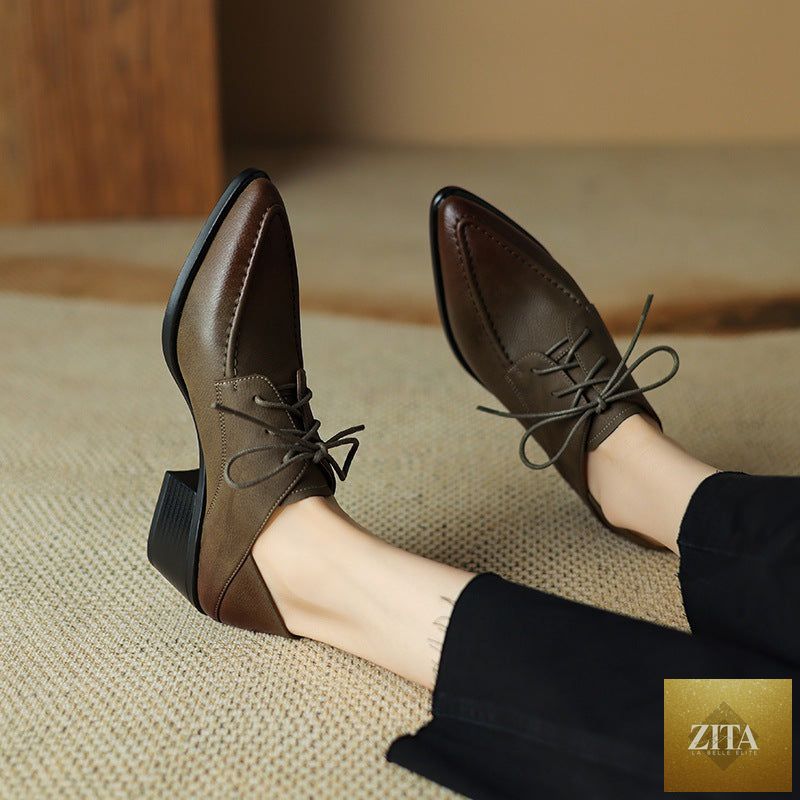Women's retro strap chunky heel pointed-toe shoes by FitiqueFit, featuring a stylish design with a sturdy heel and elegant silhouette.