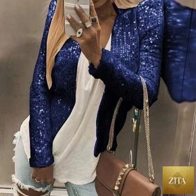 Women's colorblock sequin short jacket by FitiqueFit, casual glam jacket with vibrant color blocks and sparkling sequins.