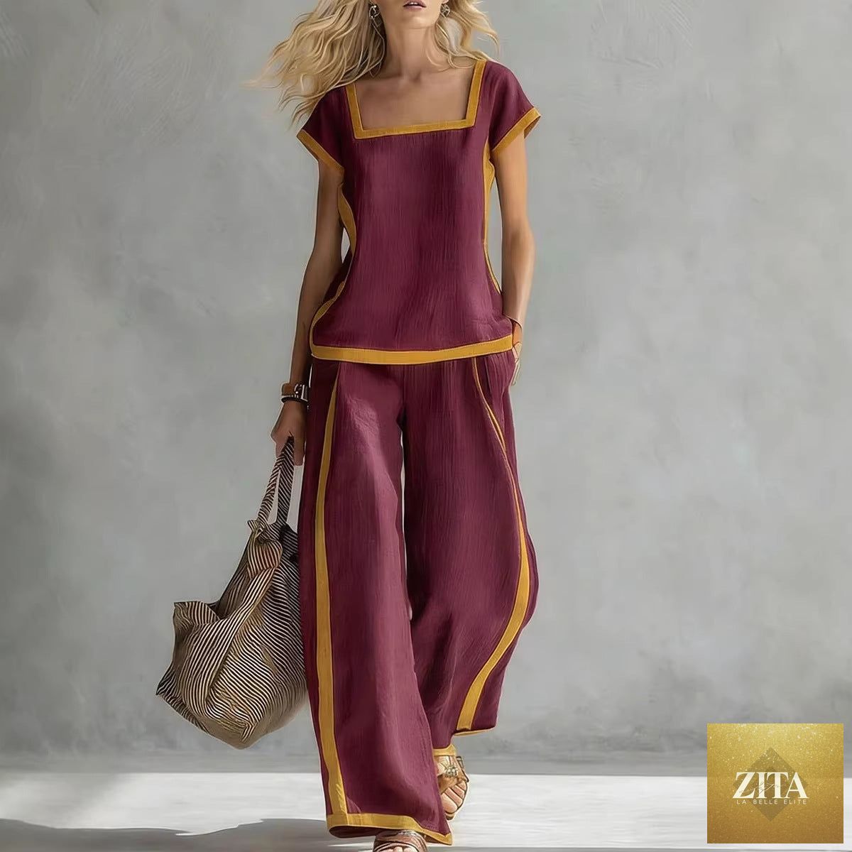 Women’s square neck short sleeve two-piece pants set by Zita La Belle Elite, casualwear with a stylish square neckline and comfortable fit.