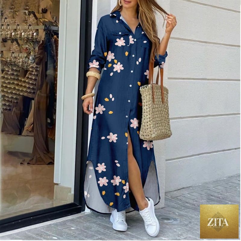 Women's floral print long shirt dress with lapel collar, midi length, relaxed fit, by Zita La Belle Elite.