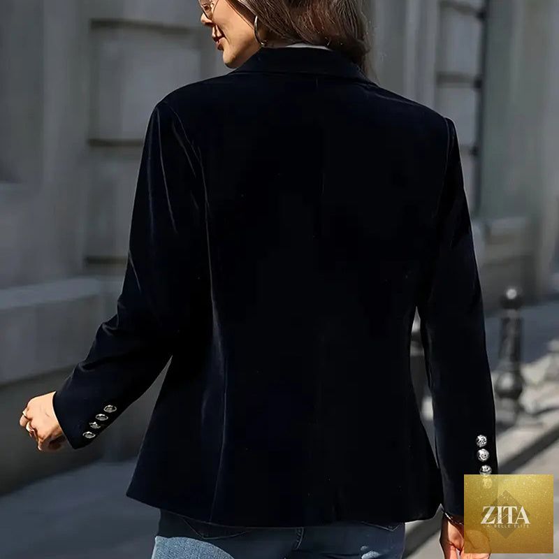 Women’s slim-fit notch-lapel blazer from FitiqueFit, casualwear, shown in black, tailored fit with front buttons and classic collar.