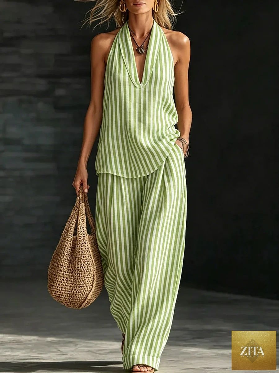 Zita La Belle Elite women's striped sleeveless top and wide-leg pants set, casualwear ensemble, fashion-forward and comfortable outfit.