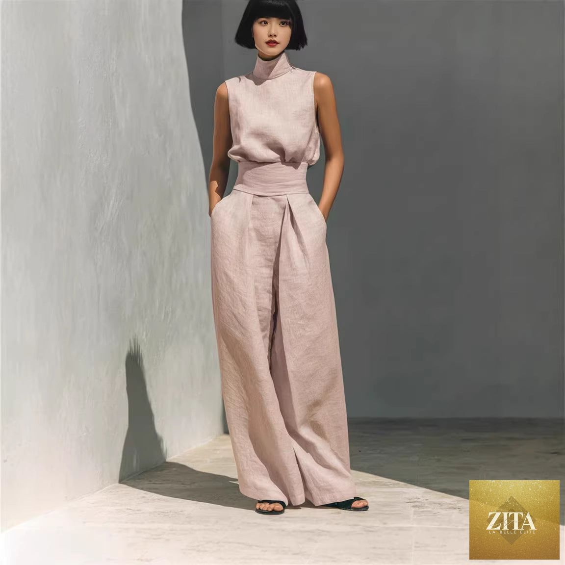 Casual sleeveless summer suit by LadyShow.Store with a stand-up collar top and loose straight-leg trousers, perfect for warm weather.