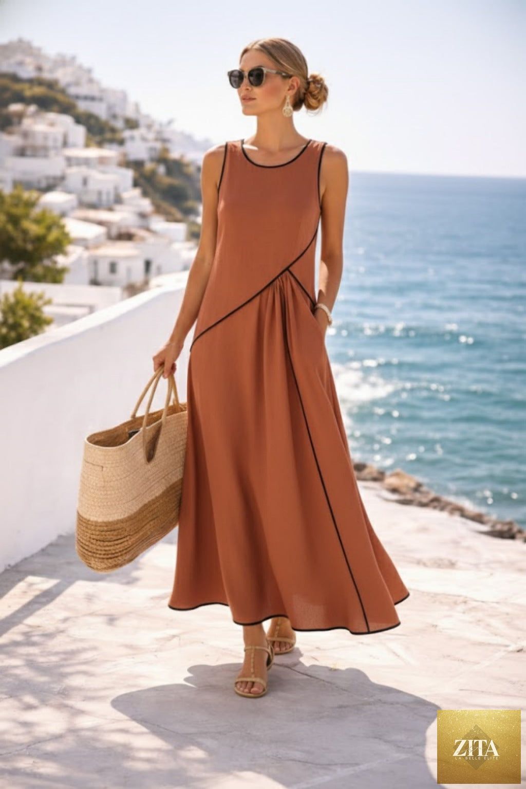 Mediterranean contrast color vacation dress by FitiqueFit, casualwear, in seven colors, featuring a relaxed fit and stylish design.