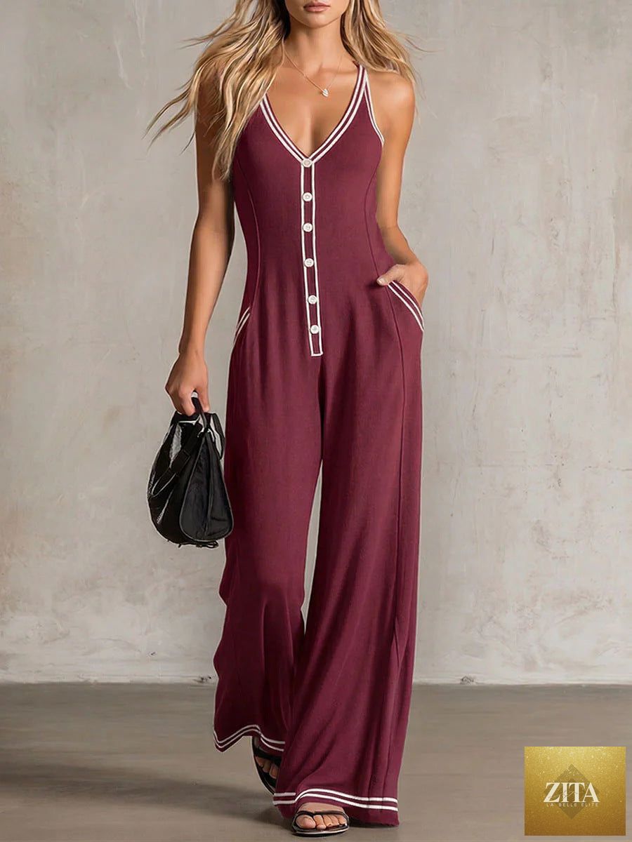 Women's V-neck backless wide-leg jumpsuit by Zita La Belle Elite, featuring high waist and casual style, displayed on a model.