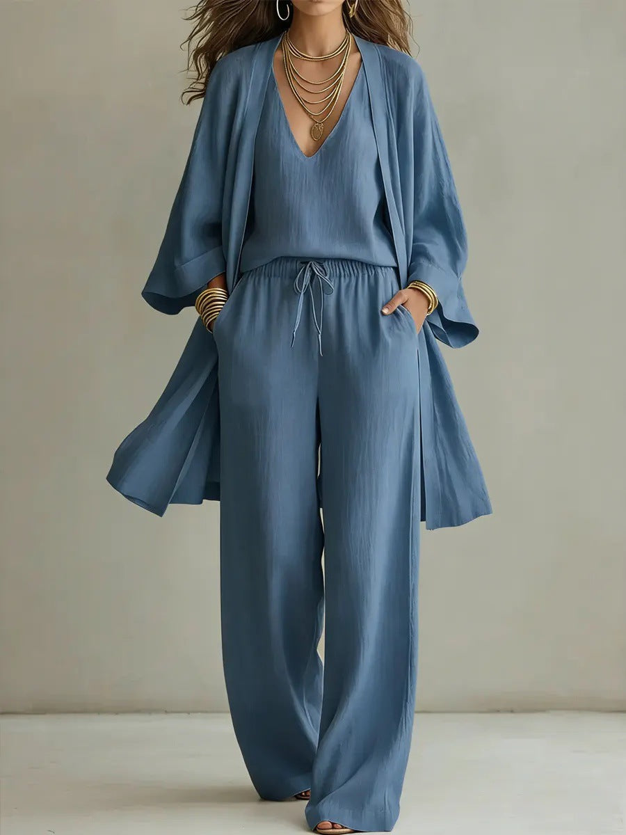 Women's V-neck cardigan coat, pocket vest, and long pants casualwear set by FitiqueFit, displayed on a model.