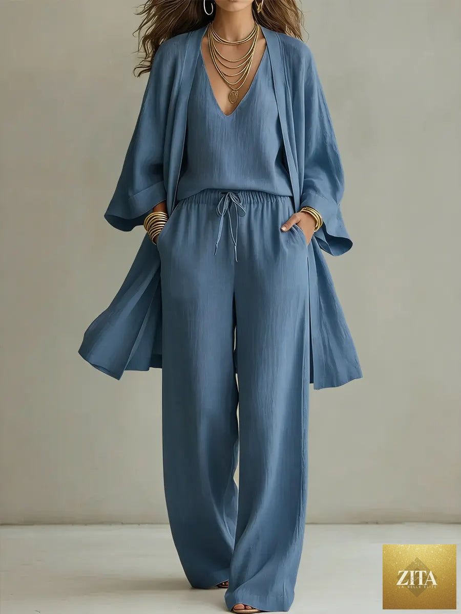 Zita La Belle Elite women's casual three-piece set with v-neck cardigan coat, pocket vest, and long pants.