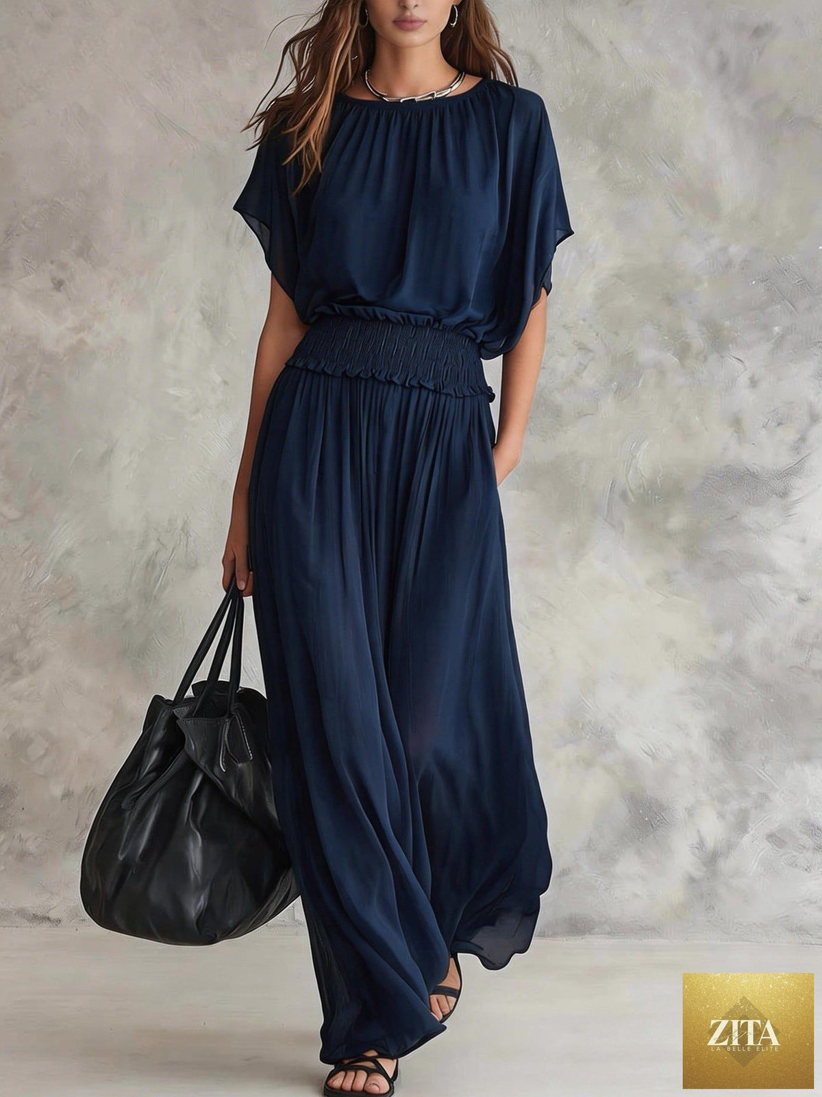 Women's chiffon high-waist ruched maxi dress by FitiqueFit featuring flowing fabric and a flattering fitted silhouette.