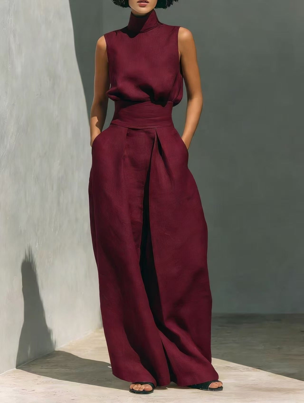 Women’s cotton linen two-piece casualwear set by Zita La Belle Elite, sleeveless top and wide-leg pants in natural fabric.