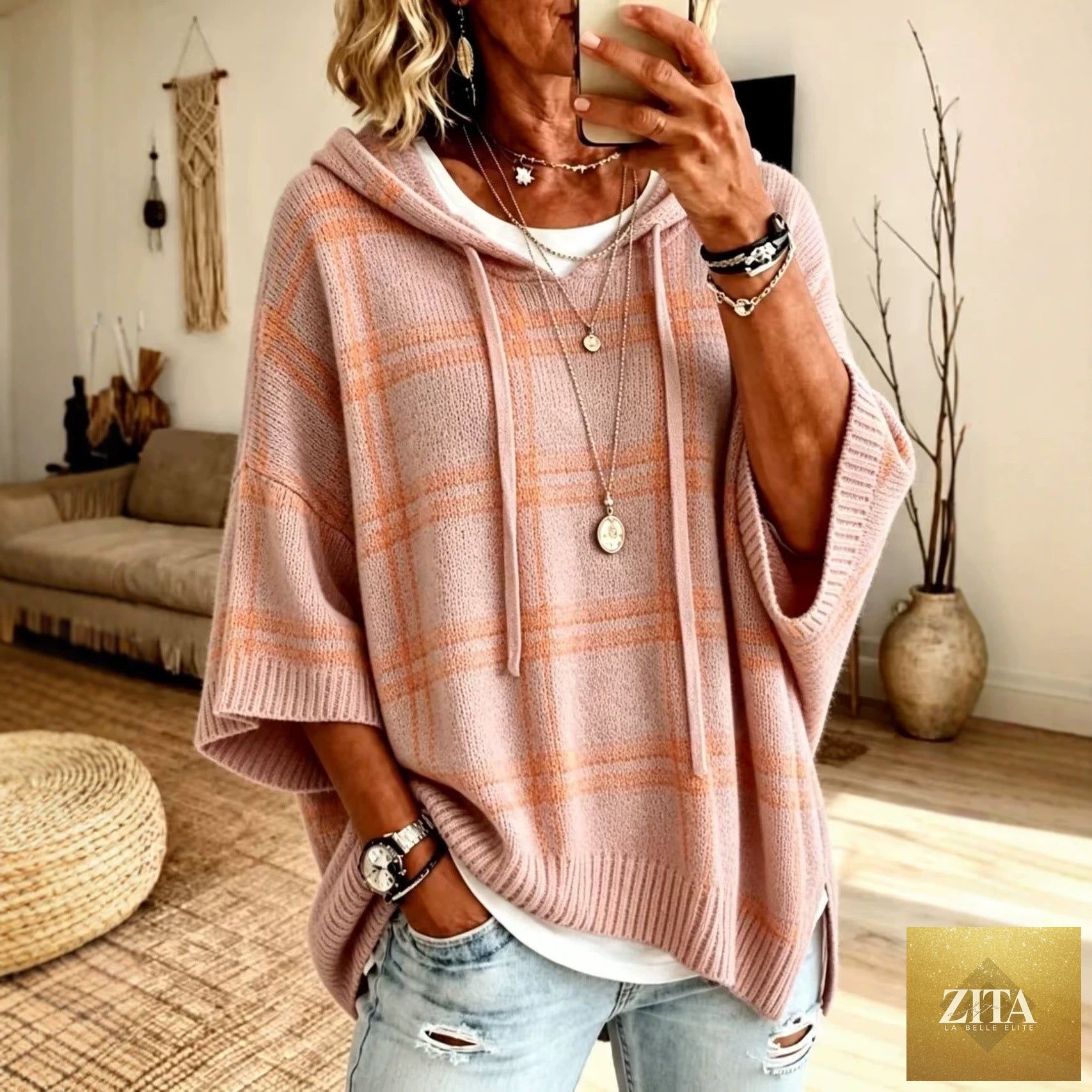 Plaid Knit Hooded Batwing Sweater