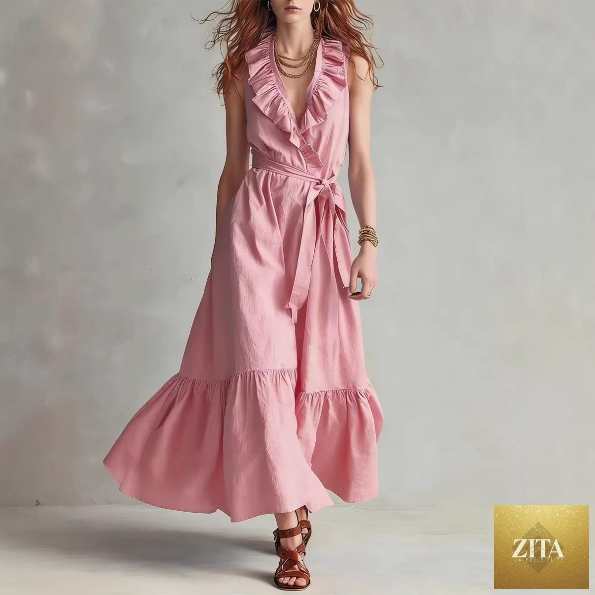 Women's V-neck sleeveless lace-up panelled maxi dress with wide flare from FitiqueFit, casualwear style, shown in natural fabric details.