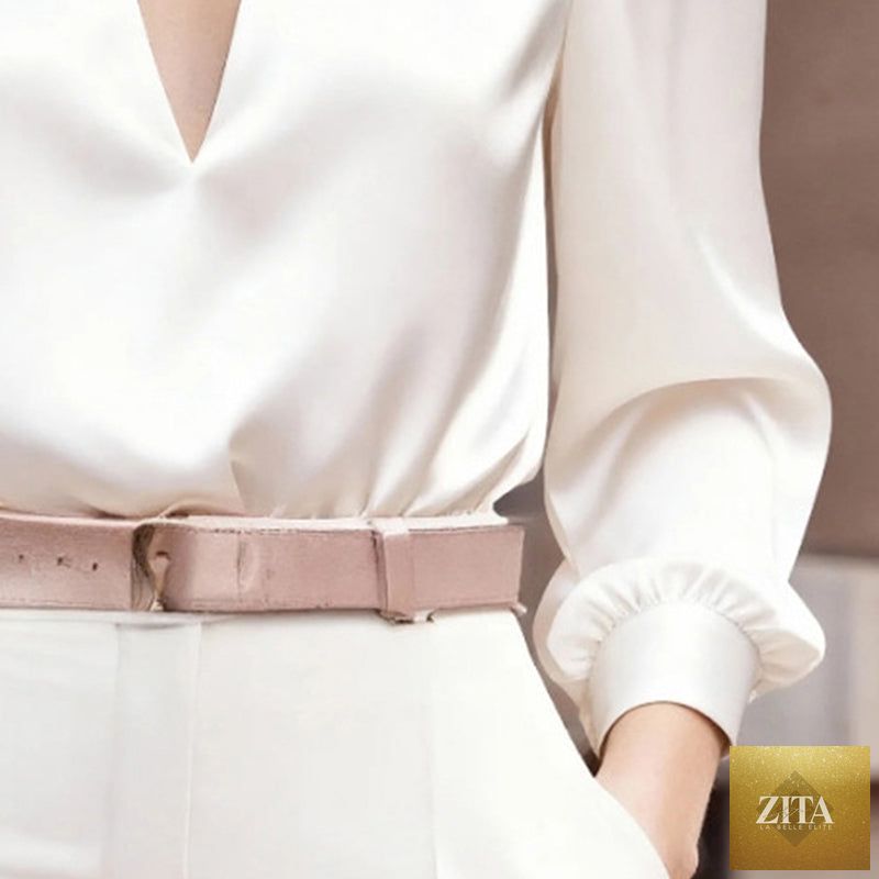 Women’s satin V-neck long sleeve blouse by FitiqueFit, featuring a slim fit, solid color, and elegant design for versatile wear.