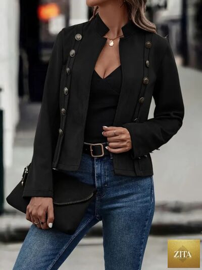 Zita La Belle Elite decorative button open front long sleeve jacket, elegant casual women's outerwear with a stylish design.