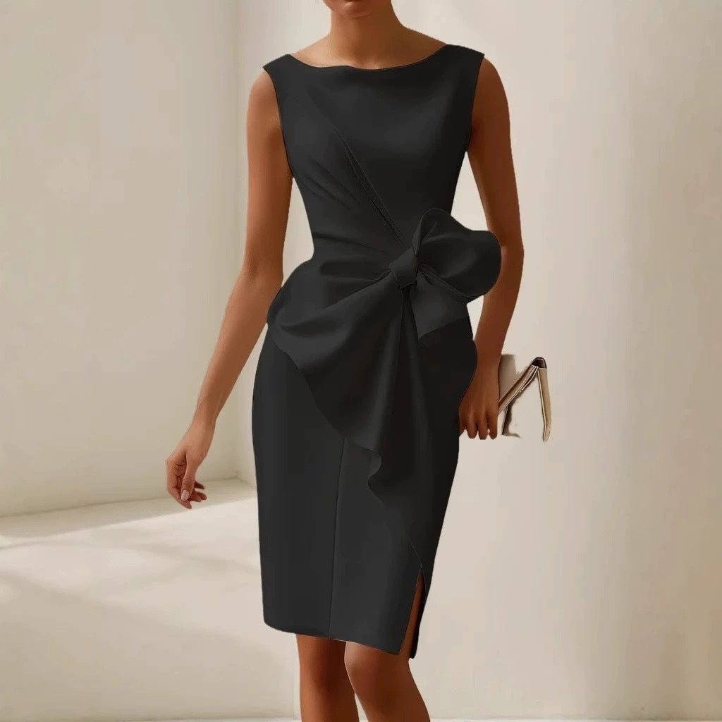 Women’s sleeveless midi dress with bow-knot detail, high waist, A-line style, casualwear by FitiqueFit.