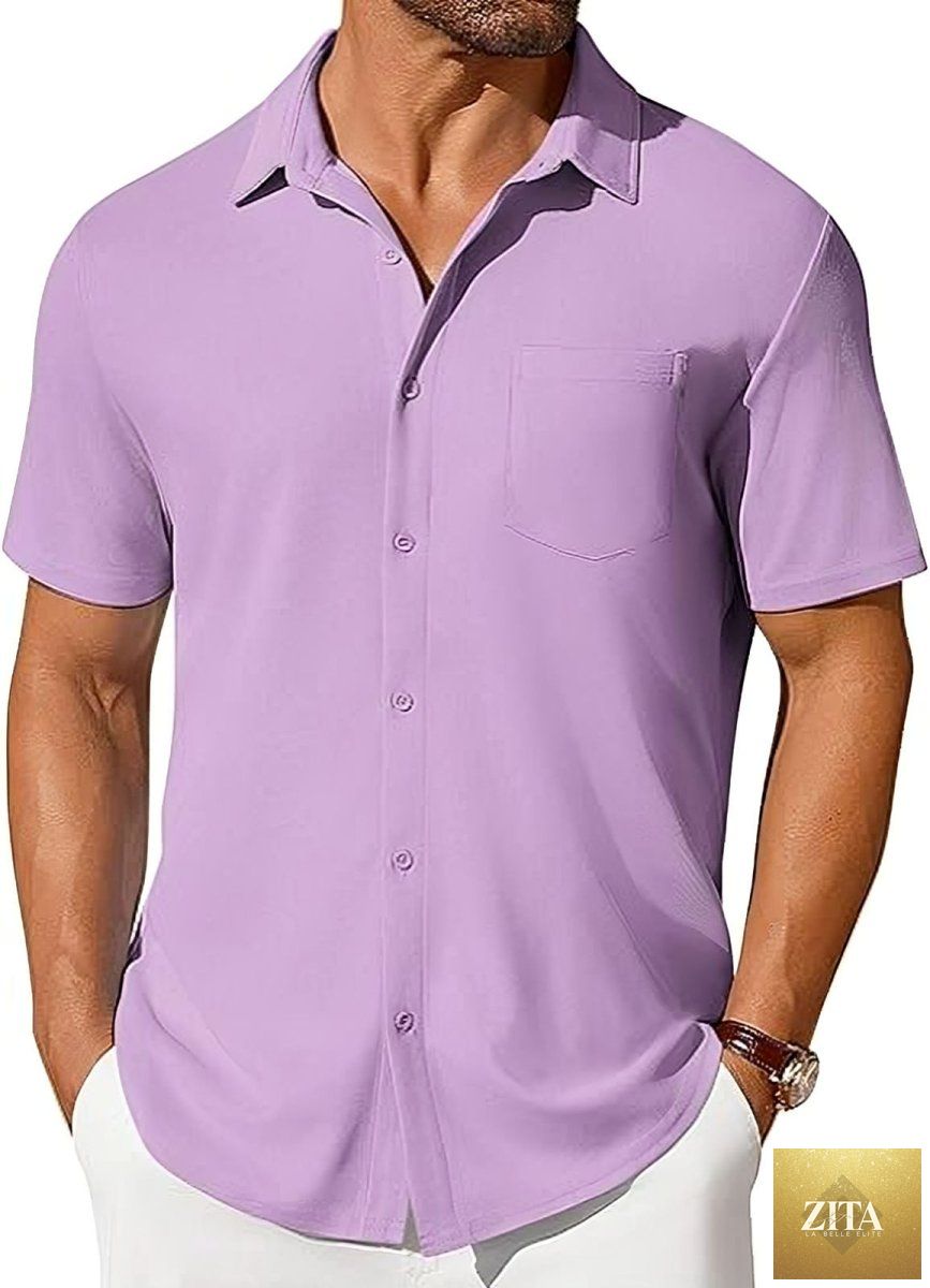 Mandotos men's short-sleeve button-up shirt with smooth, wrinkle-resistant fabric, shown in a casual, fitted style.