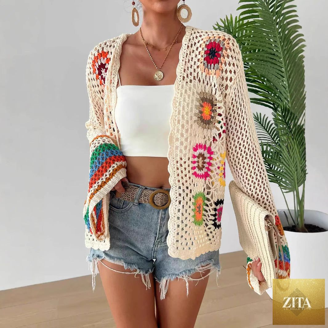 Hand-crocheted floral boho cardigan sweater by FitiqueFit, open front knit top with colorful floral patterns, casual and stylish.
