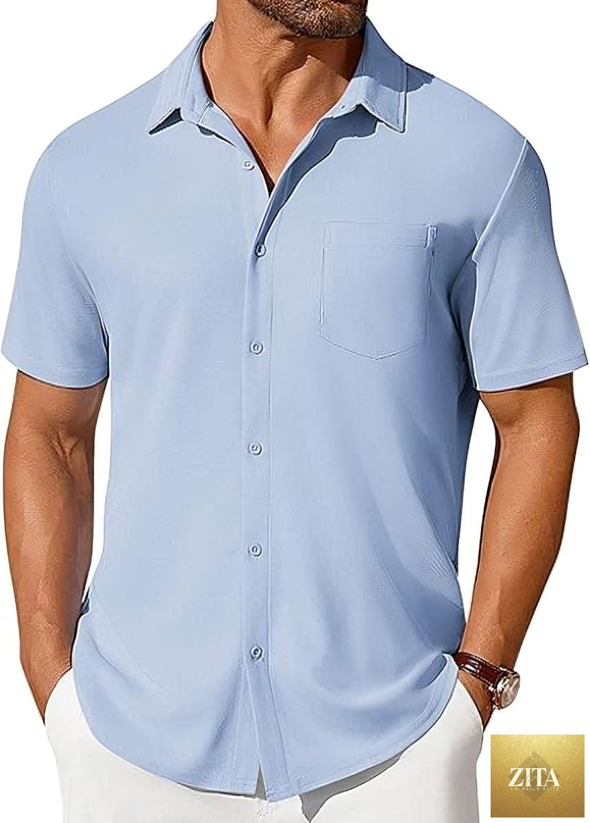 Mandotos men's short-sleeve button-up shirt with wrinkle- and crease-resistant fabric, shown in a casual, fitted style.