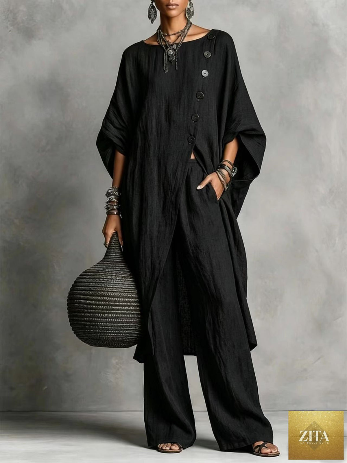 Zita La Belle Elite women's casual drop shoulder three-quarter sleeve irregular shirt and matching pants set, stylish and comfortable.