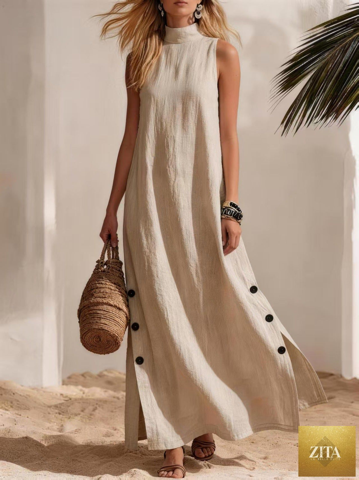 FitiqueFit cotton linen sleeveless midi dress with side slits and loose fit, perfect for casual summer wear.