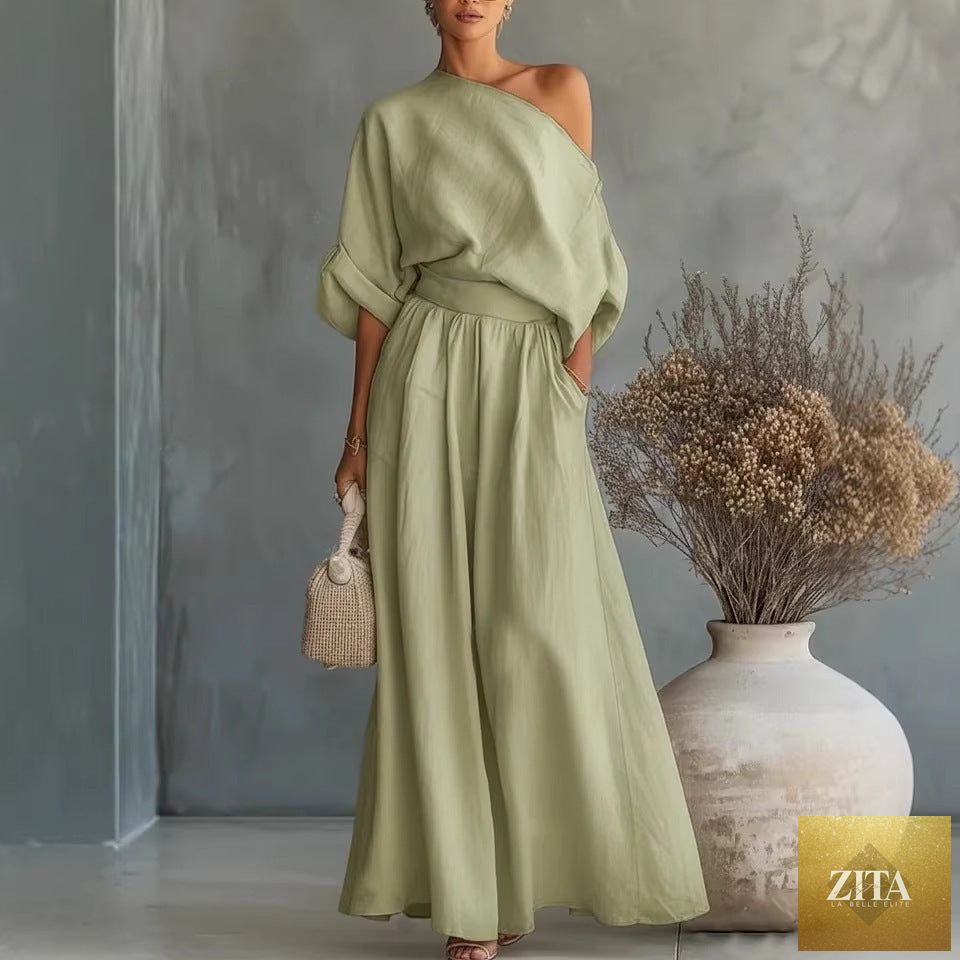 Zita La Belle Elite casual cropped off-shoulder top and pants two-piece set in various colors, front view, styled for everyday wear.