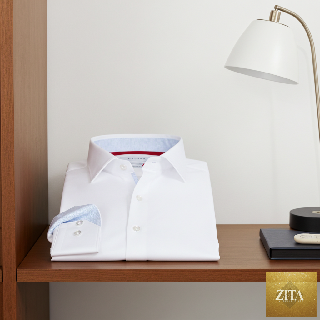 LEVINAS® white cotton knit-stretch button-up shirt with contrast details, tailored fit, and long sleeves.