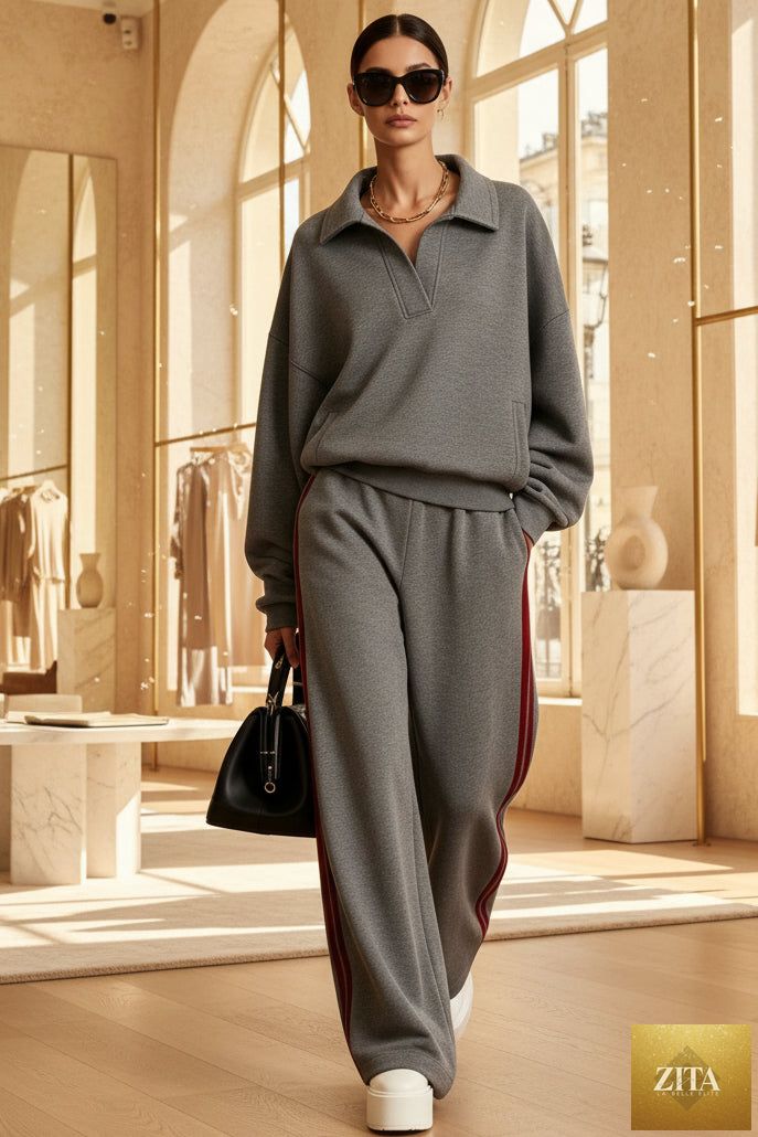 Women's Polo-Collar Oversized Sweatshirt & Side-Stripe Wide-Leg Pants Set
