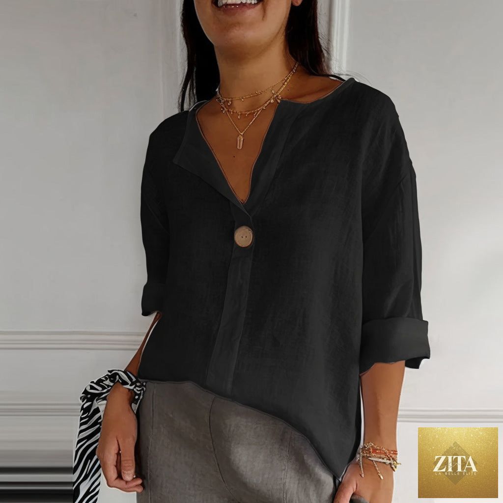 Women's V-neck long-sleeve button top by Zita La Belle Elite, loose fit casual blouse in soft fabric with V-neck and button details.