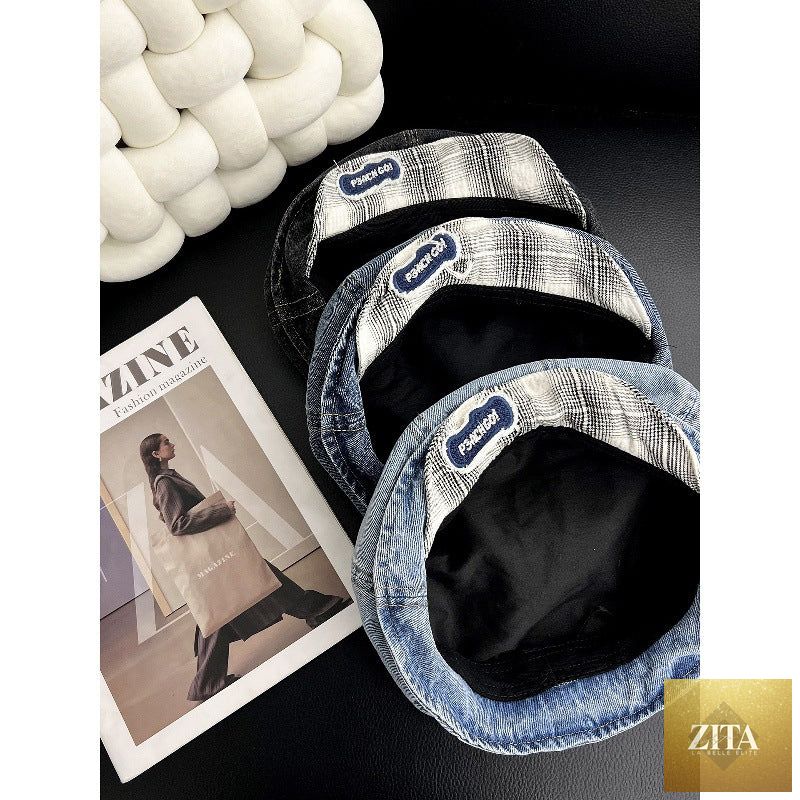 Zita La Belle Elite double-brim turned-up denim beret, breathable cotton hat for women with stylish, structured design.