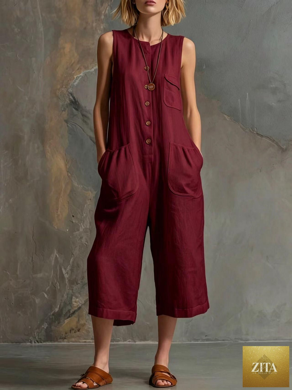 Women's retro sleeveless wide-leg cropped jumpsuit by Zita La Belle Elite, casualwear with a stylish, relaxed fit.