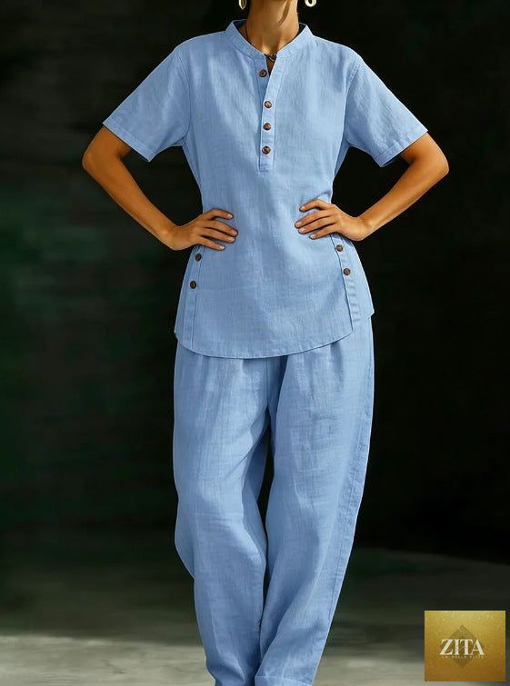 Zita La Belle Elite two-piece set featuring a three-quarter sleeve solid color shirt and wide-leg pants for casual wear.