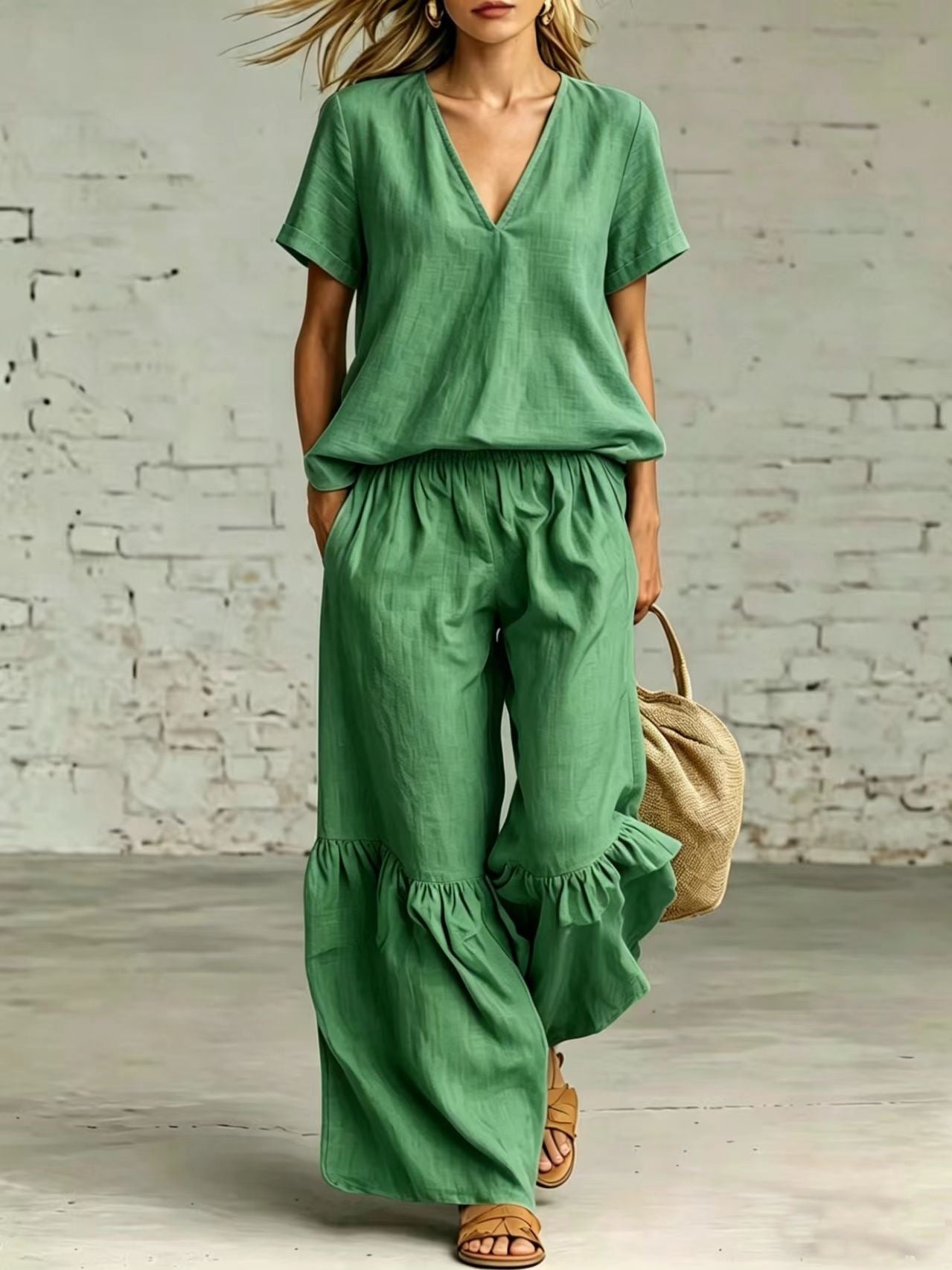 FitiqueFit casualwear V-neck loose short-sleeve top and pants set in multiple colors, available in sizes S to 5XL.