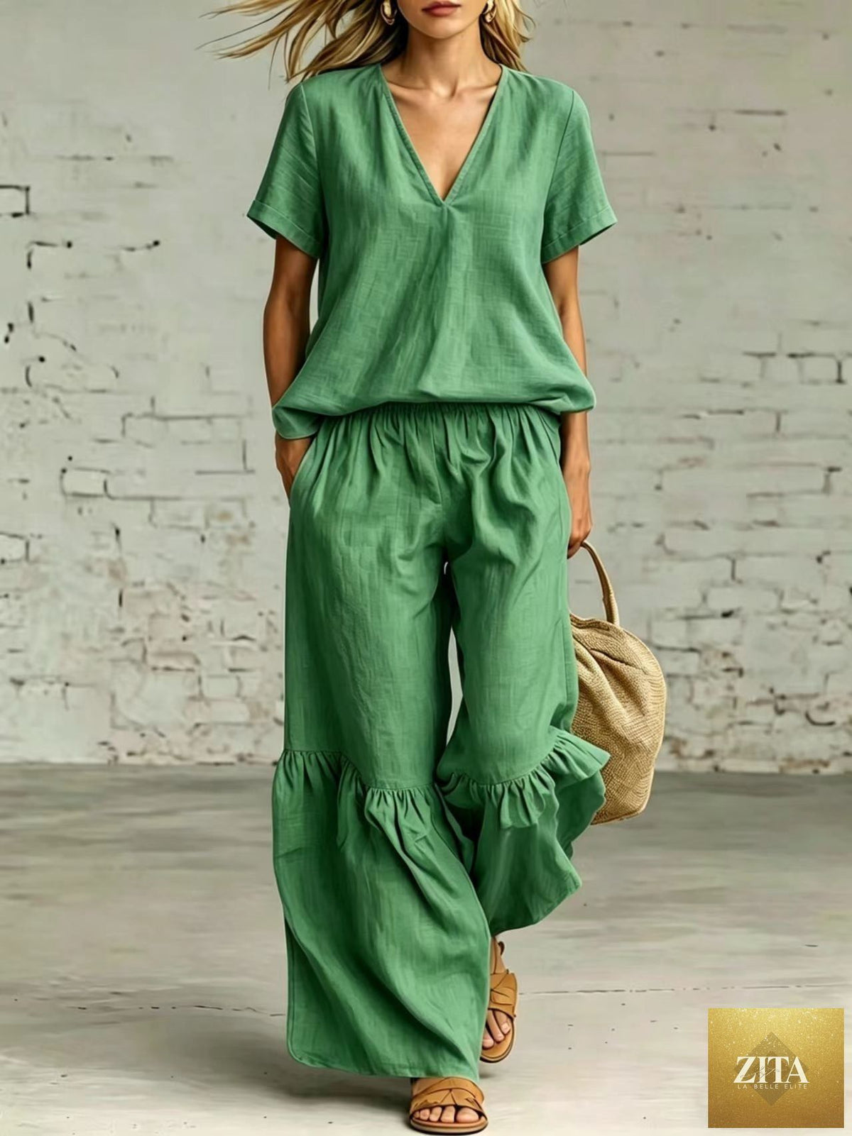 Zita La Belle Elite casualwear set with v-neck loose short-sleeve top and matching pants in various colors, available in sizes S to 5XL.