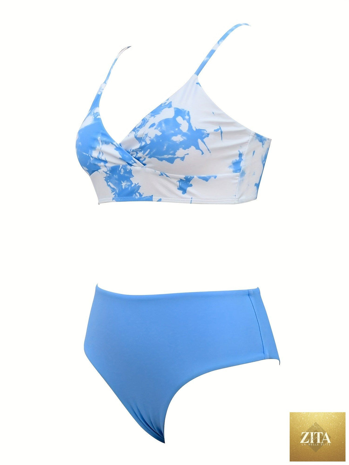 Stevvex Coastal Flair V-Neck Bikini Set with colorful random print, spaghetti straps, high cut shorts, perfect for summer beach and pool.
