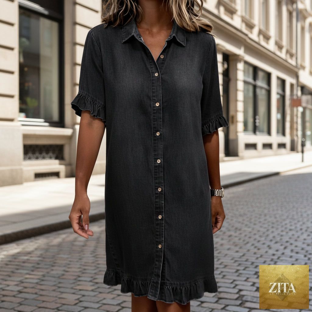 Women's faux denim ruffle-sleeve shirt dress by Zita La Belle Elite, featuring a casual, stylish design with ruffled sleeves.