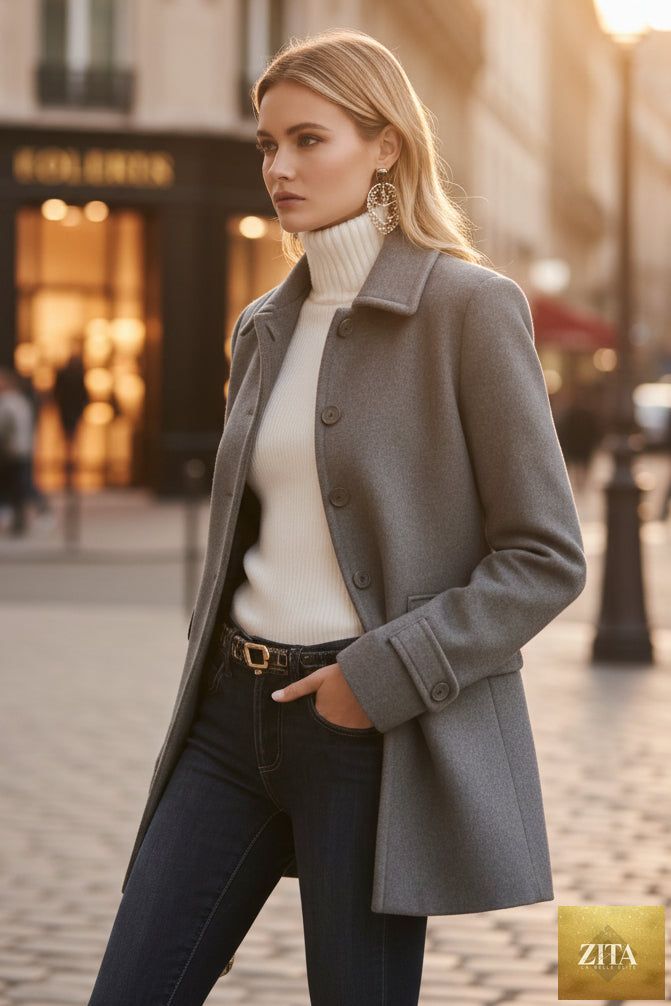 Mid-Length Lapel Wool-Blend Coat