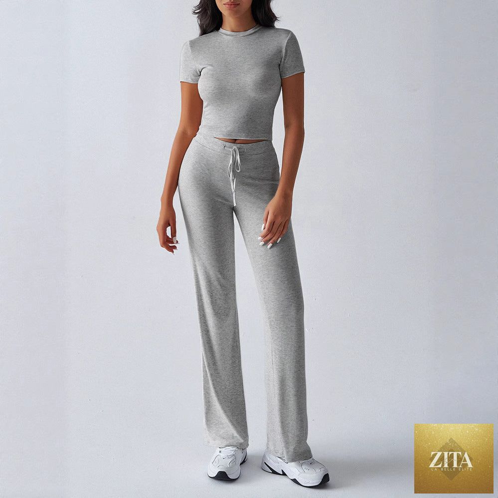 Zita La Belle Elite crew neck short sleeve top and full-length pants set in solid color, available in 10 colors, casual style.