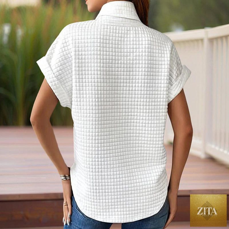 Women’s textured cuff short-sleeve tee from FitiqueFit, casualwear with a relaxed fit and stylish textured fabric.